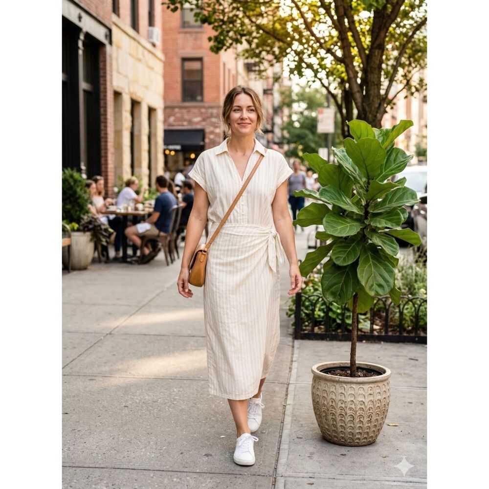 Universal Thread Dress Womens M Cream Tan Stripe Wrap Maxi Shirtdress